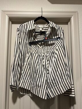 Striped Black & White Button-Down Top and Shorts Set